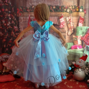 Официална детска дълга рокля в светлосиньо с блясък с голяма панделка