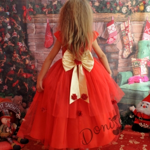 Официална детска дълга рокля в червено с дантела и тюл с голяма панделка