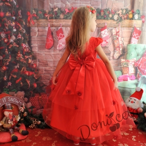 Официална детска дълга рокля с дантела и тюл с голяма панделка в червено