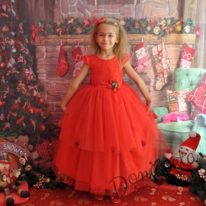 Официална детска дълга рокля с дантела и тюл с голяма панделка в червено