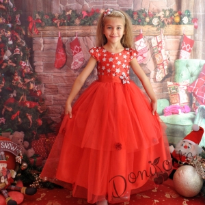 Официална детска дълга рокля с дантела и тюл в червено с голяма панделка в сребристо