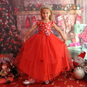 Официална детска дълга рокля с дантела и тюл в червено с голяма панделка в сребристо