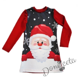 Детска права рокля с дълъг ръкав от плетиво с картинка на Дядо Коледа