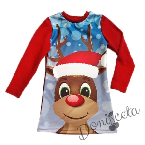 Коледна детска права рокля с дълъг ръкав от плетиво с Рудолф