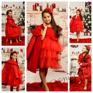 Комплект от палто и рокля от бутикова дантела с тюл с плюш в червено