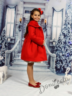 Комплект от палто и рокля от бутикова дантела с тюл с плюш в червено