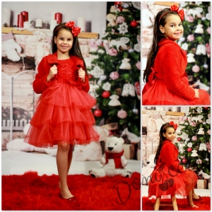 Комплект от официална детска рокля от релефна бутикова дантела и тюл със пуккаво болеро
