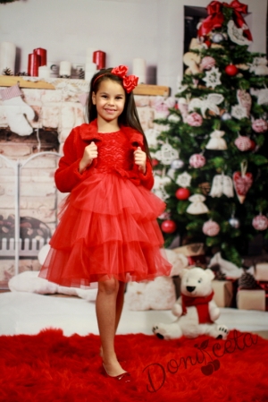 Комплект от официална детска рокля от релефна бутикова дантела и тюл със пуккаво болеро