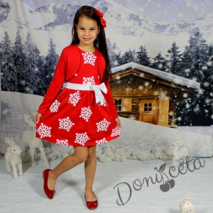 Ватирана детска рокля с болеро в червено със снежинки
