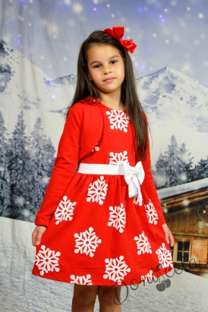 Ватирана детска рокля с болеро в червено със снежинки