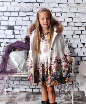 Комплект от  детска рокля на цветя с палто с качулка в еднакъв десен Вики