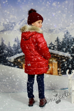 Детско зимно яке в бордо за момиче с копчета встрани