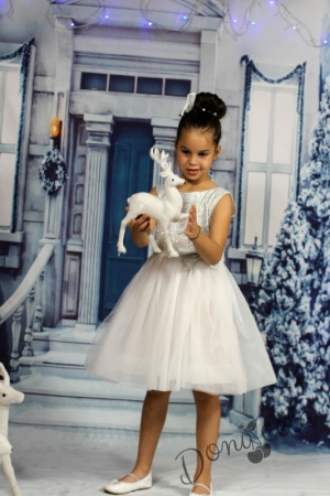 Коледна официална детска рокля в бяло и сребристо