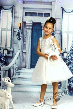 Коледна официална детска рокля в бяло и сребристо