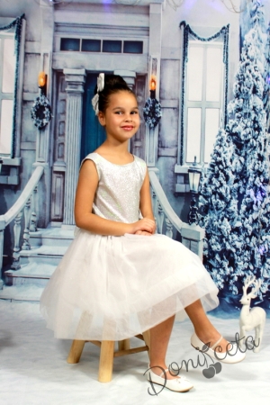Коледна официална детска рокля с тюл в бяло и сребристо с пухкаво болеро в бяло Снежана