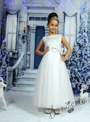 Официална детска дълг рокля с тюл и сребристо Снежана
