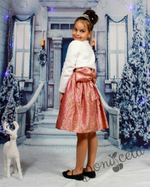 Коледна официална детска рокля в пепел от рози с блясък с пухкаво болеро в бяло