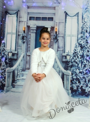 Коледна официална дълга детска рокляс тюл до земята и сребристо с болеро в бяло Снежана