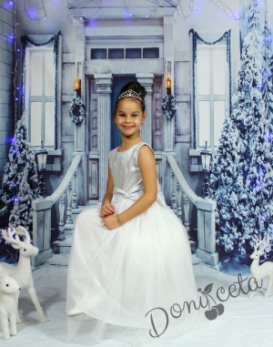 Коледна официална дълга детска рокляс тюл до земята и сребристо с болеро в бяло Снежана