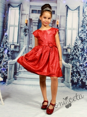 Коледна официална детска рокля в червено с блясък 