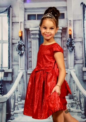 Червена детска рокличка с къс ръкав и голяма панделка