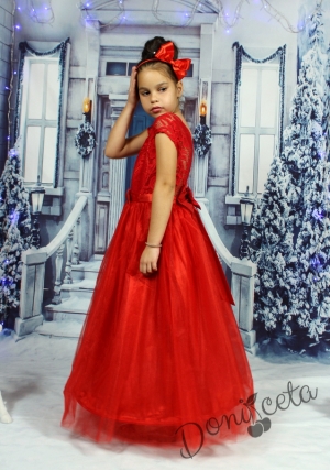 Коледна официална дълга детска рокля с дантела в червено с обръч