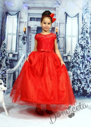 Коледна официална дълга детска рокля с дантела в червено с обръч