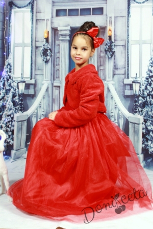 Коледна официална дълга детска рокля с дантела в червено с обръч с пухкаво болеро в червено