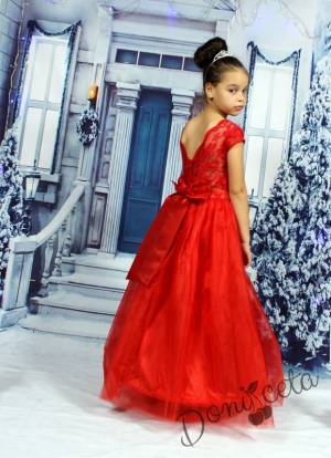 Коледна официална дълга детска рокля с дантела в червено с обръч с пухкаво болеро в червено