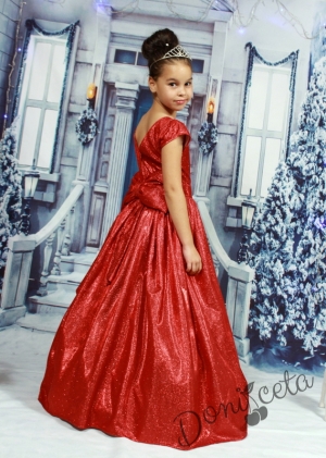 Детска дълга рокля за Коледа с блясък в червено