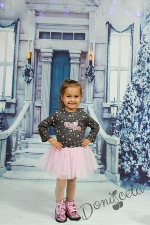 Коледна детска рокля в тъмносиво на звездички и розов тюл