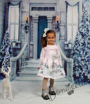 Детска/бебешка рокля с дълъг ръкав в розово със зимна картинка
