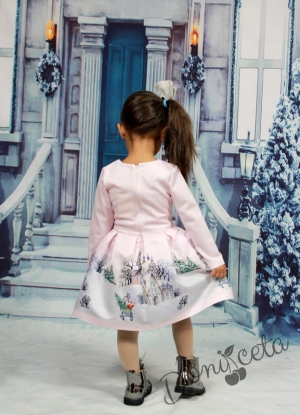 Детска/бебешка рокля с дълъг ръкав в розово със зимна картинка