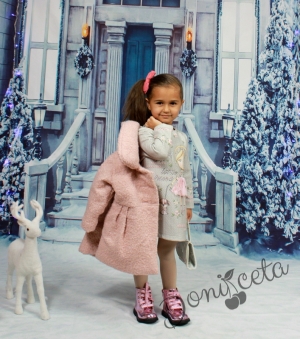 Комплект от детска рокля с дълъг ръкав с чантичка и палто в розово