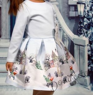 Детска рокля с дълъг ръкав в светлосиньо със зимна картинка