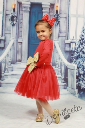 Празнична детска рокля в червено с панделка в златисто