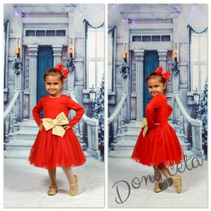 Празнична детска рокля в червено с панделка в златисто