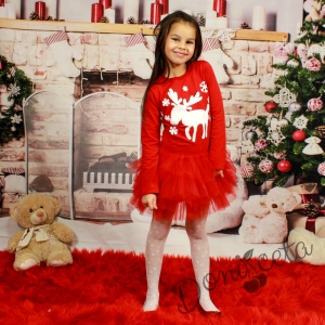 Коледна ватирана детска рокля с тюл в червено и еленче Севтекс