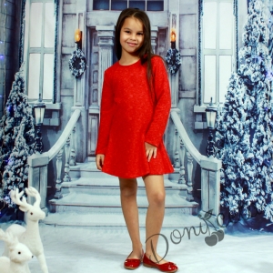 Детска рокля с дълъг ръкав в червено с релефни рози