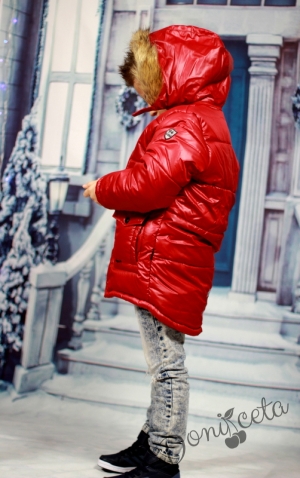 Детско зимно яке за момче в бордо с качулка и големи джобове