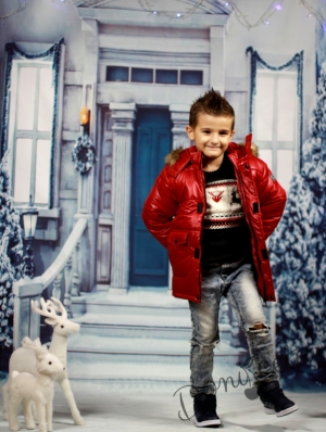 Детско зимно яке за момче в бордо с качулка и големи джобове