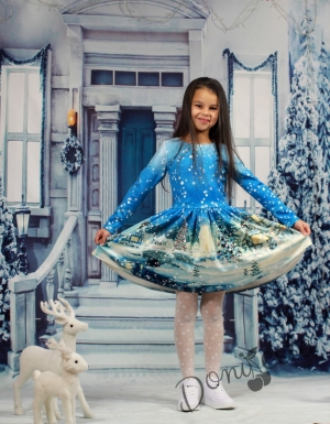 Детска рокля с дълъг ръкав в синьо със зимна картинка с къщички