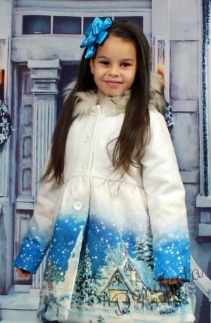 Зимно палто с качулка със зимна картинка за момиче