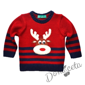 Плетен коледен пуловер в червено с еленче