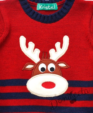 Плетен коледен пуловер в червено с еленче