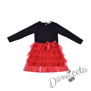 Детска рокля в черно с дълъг ръкав и червен тюл