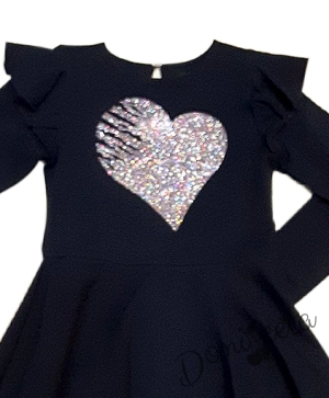 Детска рокля с дълъг ръкав в тъмносиньо със сърце