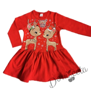 Коледна детска рокля в червено със сърнички