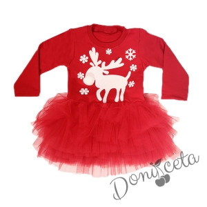 Коледна бебешка ватирана детска рокля с тюл в червено и еленче в бяло 
