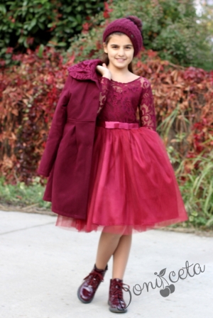 Комплект от официална детска рокля в бордо от дантела и тюл с дълъг ръкав и палто 